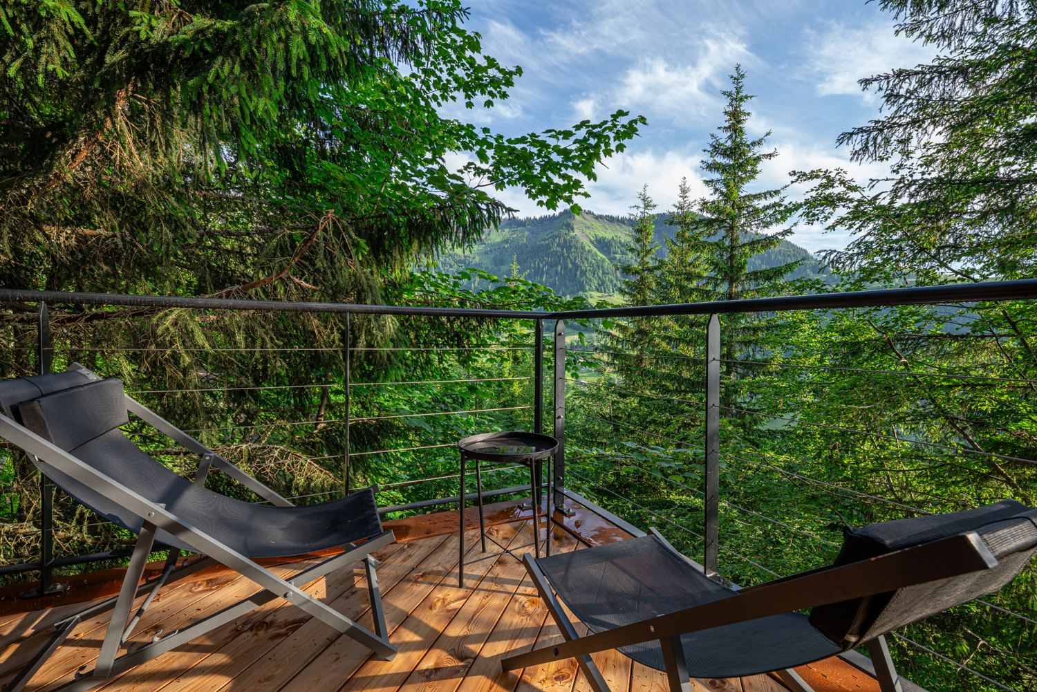 Cabane sur pilotis à la Belle Étoile avec spa privatif à Saint Nicolas La Chapelle — vue depuis la terrasse