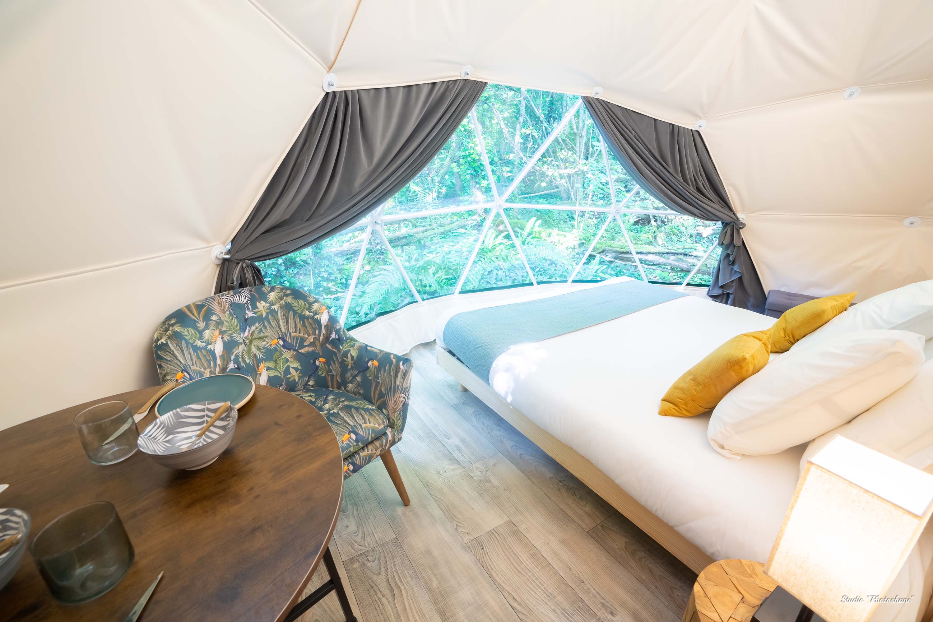 Géode Chêne Emeraude — Dôme avec spa à 180° sur la forêt en Gironde à La Teste-de-Buch — vue depuis la terrasse