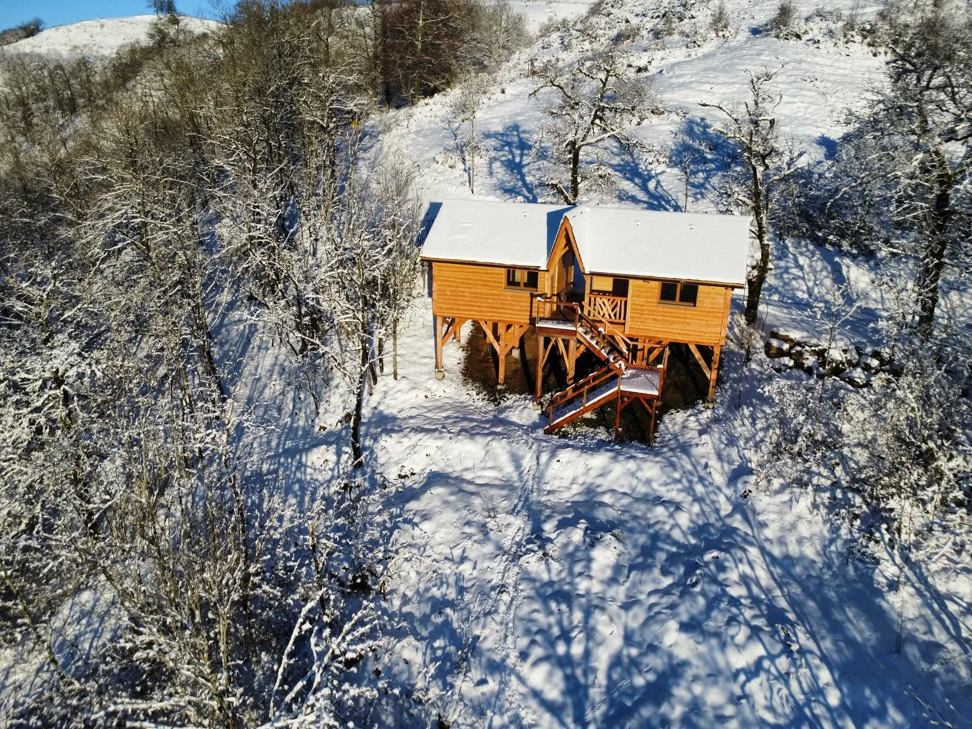 Le Clocheton des Fées — Cabane sur pilotis avec spa à Cantal à Saint-Jacques-des-Blats — vue depuis la terrasse