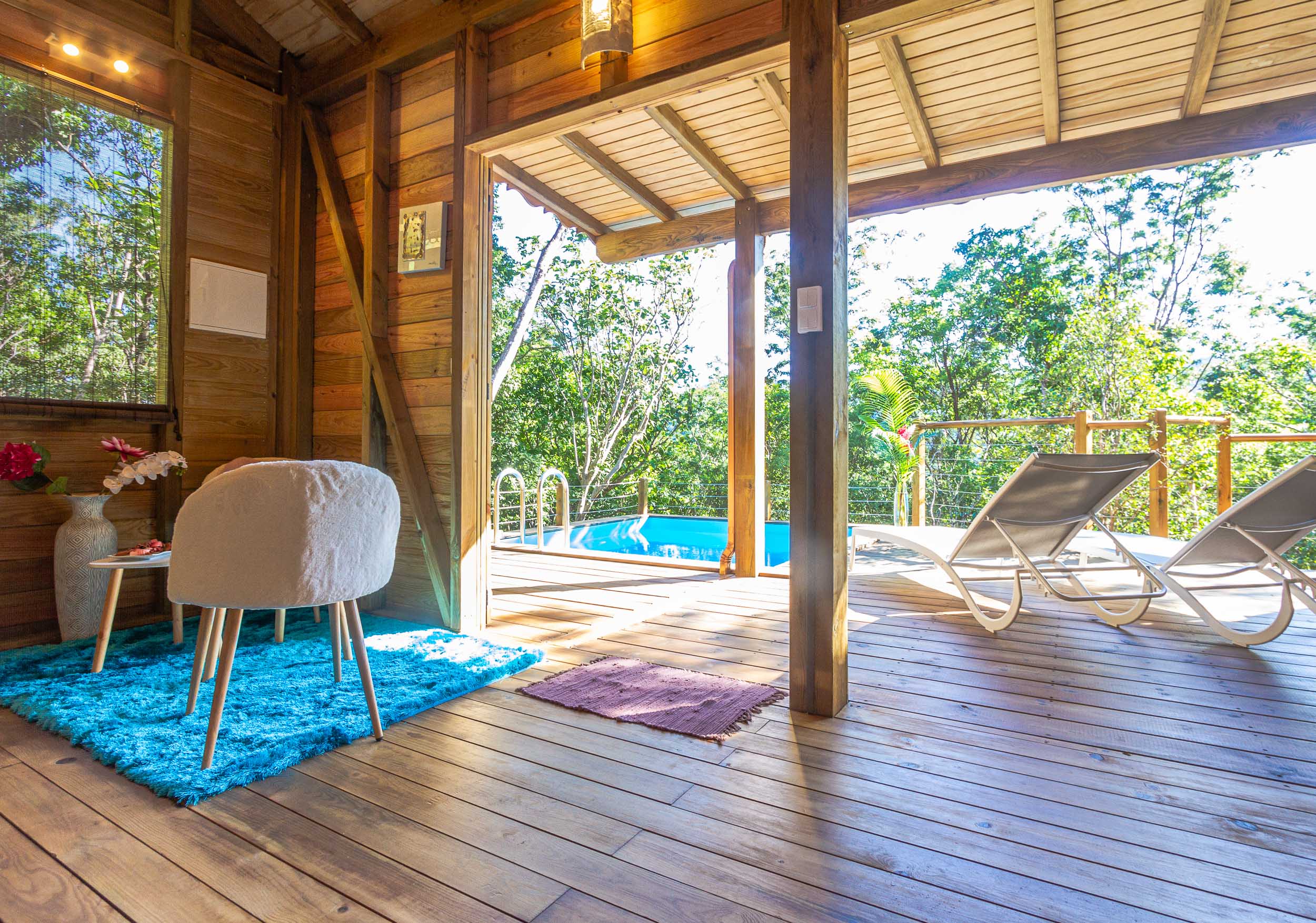 Jungle Lodge : cabane dans les arbres avec piscine privée à Deshaies — espace de vie