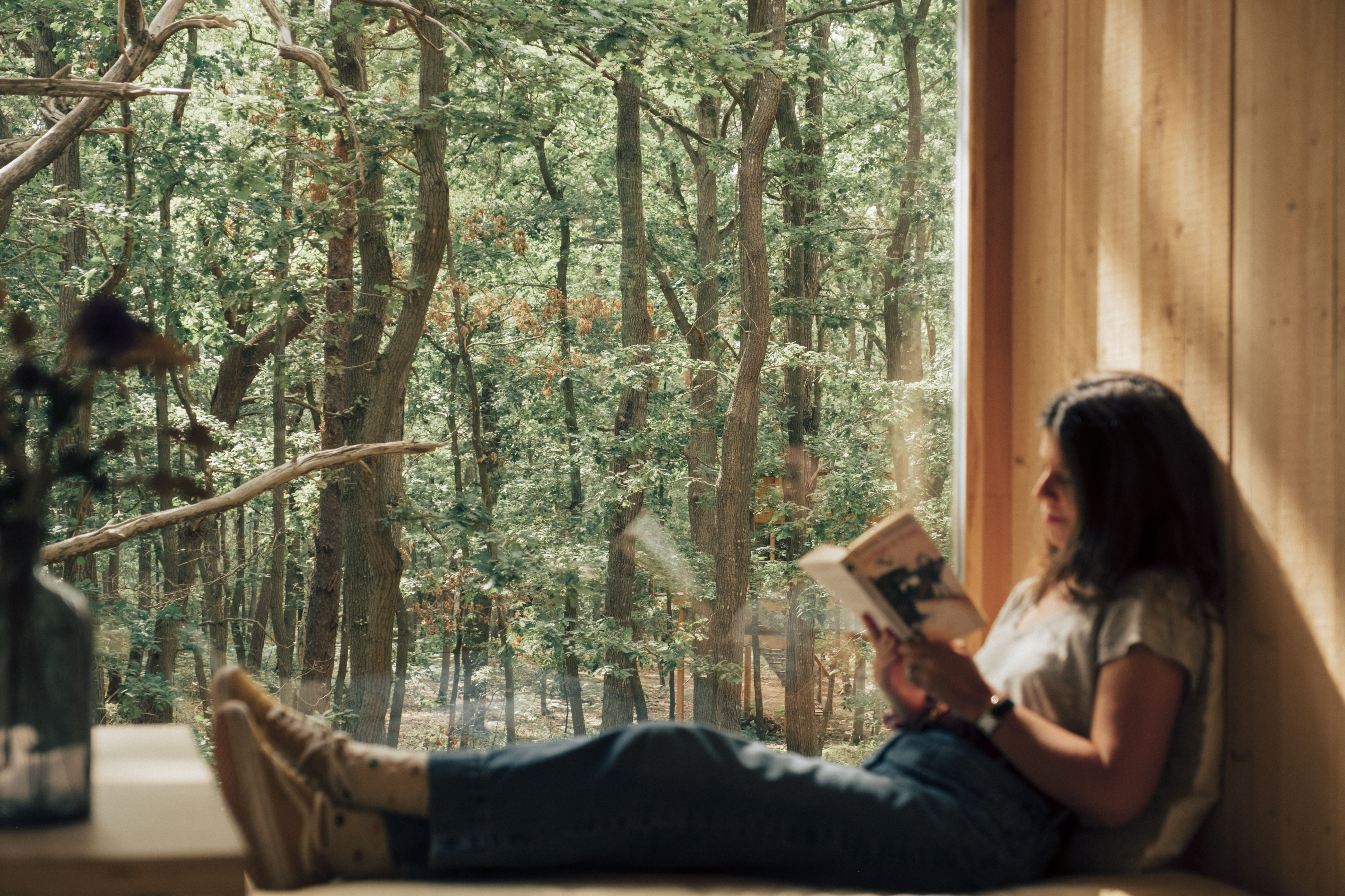 Ecolodge Duo Terrasse Haute : une cabane sur pilotis en pleine nature à La Couture-Boussey — vue intérieure