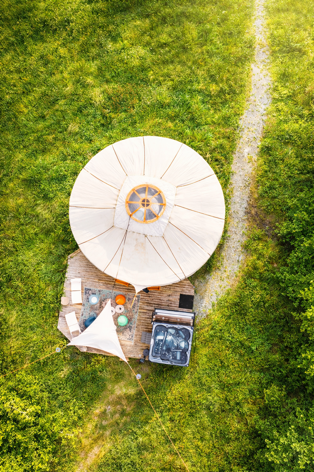 Évasion dans une yourte bohemian chic avec spa en Aquitaine à Marcenais — vue intérieure