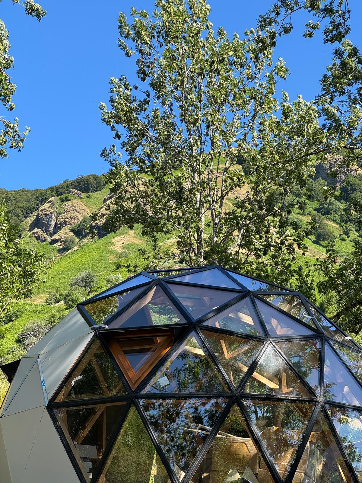 Bulle de neige et nature — Dôme avec spa à Cantal à Saint-Jacques-des-Blats — vue depuis la terrasse